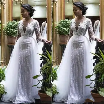 Nėrinių vestuvinės suknelės ilgomis rankovėmis su nuimamu sijonu Illusion Open V Kaklo nuotakos suknelė Vestido De Noiva Aukštos kokybės paprotys