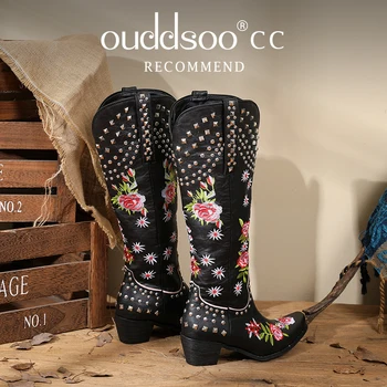 Ods Retro Vintage gėlių siuvinėjimas Vidurio blauzdos batai Daugiaspalviai Pu Smailūs pirštų kniedės Fashion Street Outdoor Western Cowboy 414243