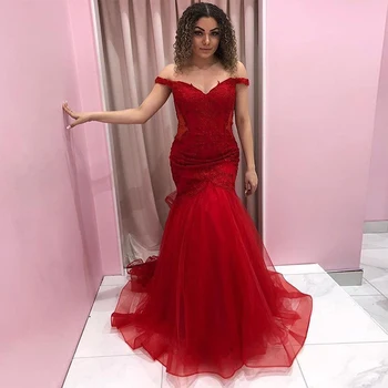 Off Shoulder Prom Suknelės Valties kaklas Raudona aplikacija Undinės stilius Raukiniai Tiulio sijonas Prom chalatai 2019 Nauja moterų oficiali vakarėlio suknelė
