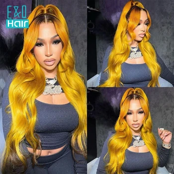 Ombre Geltonos spalvos 13x4 nėrinių priekiniai žmogaus plaukų perukai juodaodėms moterims Kūno bangų perukas Brazilijos Remy žmogaus plaukų nėrinių perukai