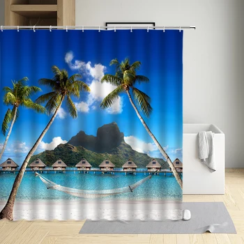 Palmių dušo užuolaida Mėlynas dangus Smėlio paplūdimys Jūros hamakas Jūrų namas Ryklys Koralų burlaivis Audinys Vonios kambario dekoro vonios ekranas