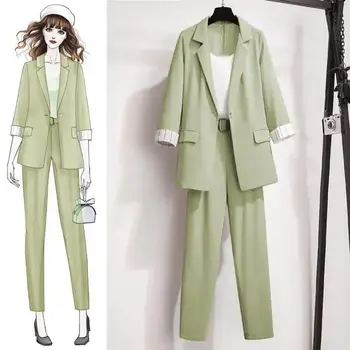 Pavasario vasara Korėjiečių elegantiška moteriška liemenė+Blazer+Kelnės Suit trijų dalių komplektai Office Lady Blazer Sets conjuntos de pantalón
