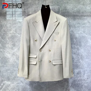 PFHQ Double Breasted Men's Blazers Fashion Business Temperament Solid Color Haute Quality Universalūs paprasti kostiuminiai švarkai 21Z3548