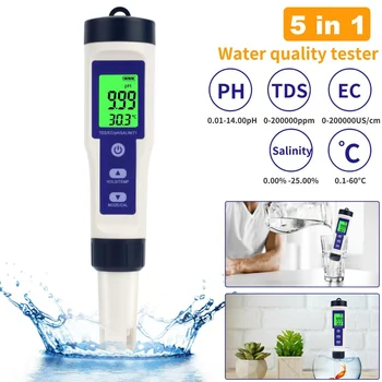 PH matuoklis vandens TDS EB druskingumo temperatūra 5 in 1 daugiafunkcinis didelio tikslumo PH testeris Vandeniui atsparūs vandens bandymo rinkiniai
