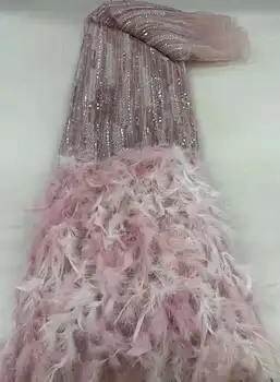 Pink High -End Luxury Catwalk Prancūziško tinklelio plunksna karoliukais nėrinių audinys Afrikos blizgučiai Karoliukais Nėrinių audinys vestuvinių suknelių siuvimui