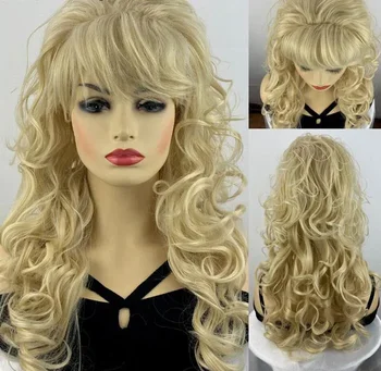 Populiarūs ilgi garbanoti blondiniai sintetiniai cosplay plaukų perukai Moterys Natūralus vakarėlio perukas