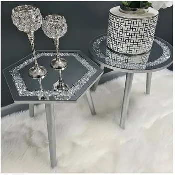 Prabangus arbatos stalas Kambario baldai Veidrodinis šoninis staliukas Sidabro krištolo susmulkintas deimantas Apvalus modernus veidrodinis kavos staliukas