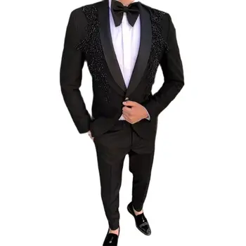 Prabangūs karoliukai Vyriški kostiumai Prom Party Blazer Naujausio dizaino kostiumas Homme Terno Masculino Groom Dėvėti vestuves 2 vnt.(Švarkas+Kelnės)