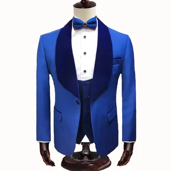 Prabangūs vyriški kostiumai Trijų dalių švarkas Kelnės Liemenė Skara Atvartas Viengubas krūtinė Terno Blue Prom Masculina Blazer Terno 2023