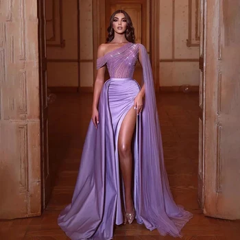 puošnus vienas petys su kristalais karoliukais puošiančias prom sukneles matyti per violetinius elegantiškus vakarinius chalatus Vestido Longo Feminino chalatas De