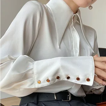 QWEEK Elegantiški balti marškiniai Moterys Stain Slik Palaidinė Graži oversized vintažinė ilgomis rankovėmis Biuro ponios Aukščiausia prašmatni korėjiečių mada