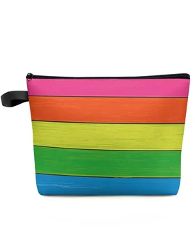 Rainbow Wood Grain Makeup Bag Pouch Travel Essentials Lady Women Cosmetic Bags Toilet Organizer Kids Storage Pencil Case