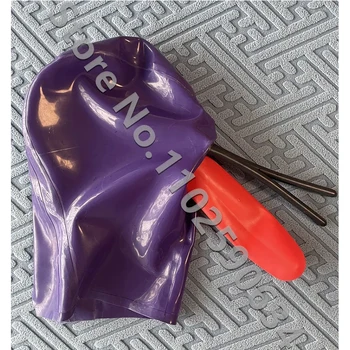 Rankų darbo purpurinio latekso fetišo gaubto kaukė su raudona burna Long NoseTube Back Zipper