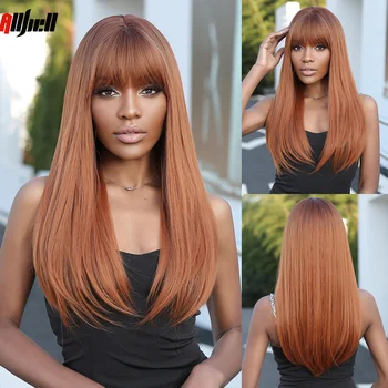 Raudona ruda Ilgi tiesūs sintetiniai perukai su kirpčiukais juodaodėms moterims Vario imbieras Daily Cosplay plaukai Natūralus perukas Atsparus karščiui