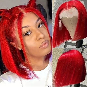 Raudonas trumpas Bobo perukas 13X4 nėrinių priekyje Žmogaus plaukų perukai moterims Brazilijos skaidrių žmogaus plaukų perukas Tiesios spalvos Remy plaukai