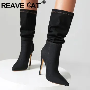 REAVE CAT Design Mid Blauzdos batai Smailus kojų pirštas Stiletto 12cm slydimas ant plisuoto didelio dydžio 42 43 Džinsiniai laisvalaikio batai Vakarėlių pasimatymų bateliai