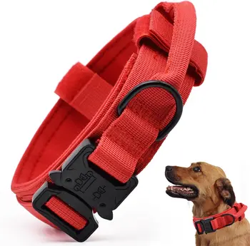 Reguliuojamas taktinis šuns antkaklis su valdymo rankena ir sunkia greito atpalaidavimo metaline sagtimi, kariniai mokymai, nailoninis šuns antkaklis