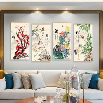 Retro slyvų žiedų slinkties tapyba svetainės dekorui Estetinis sienų menas Kinijos kalnų bambuko kraštovaizdžio slinkties plakatas