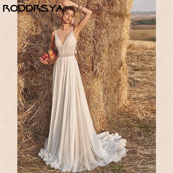 RODDRSYA Boho vestuvinės suknelės moterims Sagos be rankovių Šifono nuotakos chalatai Nėrinių aplikacijos Vestidos De Novia A-Line paplūdimys