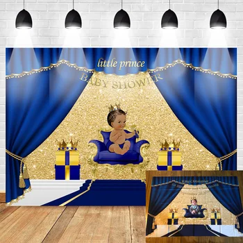 Royal Blue Baby Shower fonas Mažojo princo nuotraukų fono dovanos ir aukso karūnos fonas krikštynų krikštynų gimtadieniui