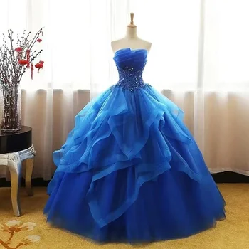 Royal Blue Quinceanera Suknelės be petnešėlių be rankovių Klasikinės nėrinių aplikacijos princesės gimtadienio vakarėlis Vestidos de 15 años Korsetas