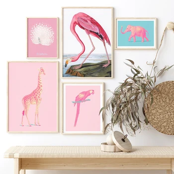 Rožinė dramblio žirafa Flamingo papūga Plakatas Gyvūnų sienų meno drobė Tapyba Šiaurės šalių modernus vaikų kambarys Darželio dekoras