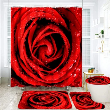 Rožių gėlės Neperšlampamas dušo užuolaidų komplektas su 12 kabliukų Tualeto užvalkalai Sėdynių vonios kilimėliai vonios kambariui neslystantis kilimas Kilimas Užuolaida
