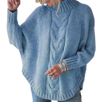 Rudens žiemos moterų megztinis Turtleneck Storas megztukas ilgomis rankovėmis Dolman rankovės megztinis Megztinis Ledi megztinis laisvas