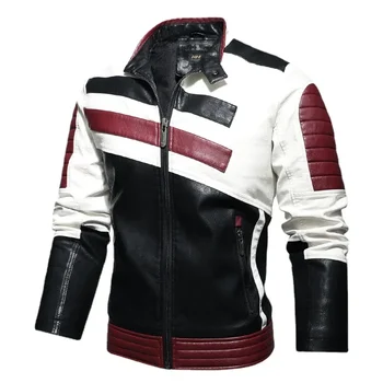 Ruduo Žiema Vilna Motociklas Odinės striukės Fashion Color Match Baikerio striukė Dirbtinis odinis paltas Vyriški gatvės viršutiniai drabužiai