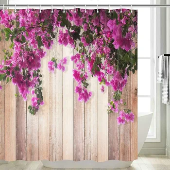 Rustic Retro Gėlių dušo užuolaida Medinės grindys Violetinė Alyvinė Gėlių Pavasario romantiška sodyba Dekoras Mergina Moteris Vonios kambarys