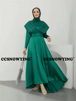 Satin ilgomis rankovėmis musulmonų vakarinė suknelė Islamo hidžabo oficiali vakarėlio suknelė A linijos moterys arabiškas Kaftan chalatas De Soiree