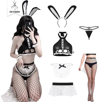 SENMHS Backless Three Point Women Bunny Girl Bra Set Naughty Kawaii Rabbit Tempatation Nėriniai Mieli Cosplay kostiumai Bikini Linger