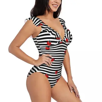 Sexy One Piece maudymosi kostiumėlis Push Up Maudymosi kostiumėliai Red Ladybugs On Stripes Women Ruffle Monokini maudymosi kostiumėlis