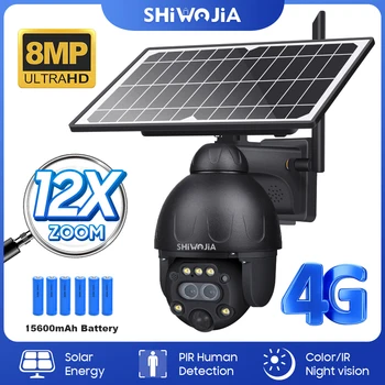 SHIWOJIA 4K 8MP saulės kamera PTZ 12X priartinimas 4G SIM / WIFI saugumas Lauko kamera Humanoidų sekimas Spalvotas naktinis matymas Metalinė kamera