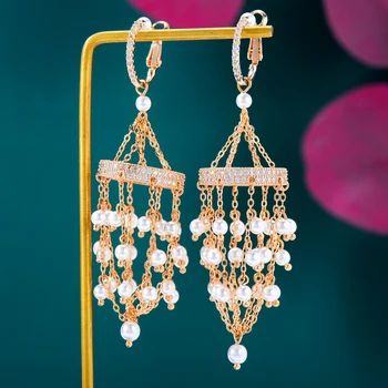 Siscathy Fashion Luxury Micro Zircon Gold Color Chain Pearl Kutsel Drop auskarai moterims Mados pakabukų auskarų vakarėlio papuošalai
