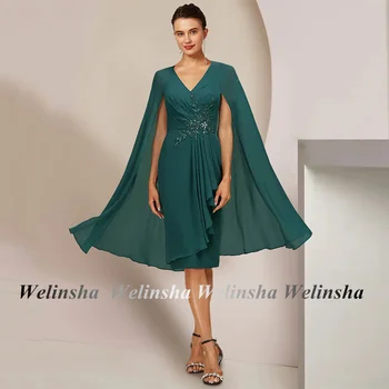 Smaragdinė žalia nuotakos suknelės motina Šifono kyšulys V kaklo karoliukai blizgantis kelio ilgis Linija Vestuvinė svečių suknelė Vakarėlio suknelės