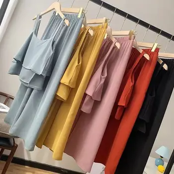 Solid Candy Color Sling Backless Short Tops and High Waist Wide-Leg Pants Chiffon Women Outfits Two Piece Set Female Clothes A596