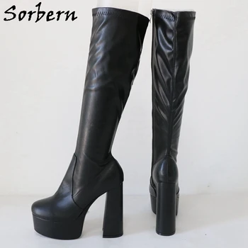 Sorbern Juodi liesi kojų batai moterims Individualūs kelių aukšti moteriški batai Custom Wide Or Slim Fit Shaft Shoes Block High Heels