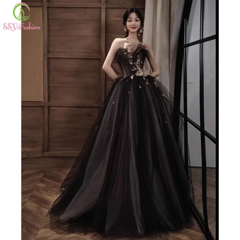 SSYFashion Elegantiška juoda vakarinė suknelė be petnešėlių be rankovių A-line Grindų ilgio aplikacijos Prom Party chalatai Vestidos De Fiesta