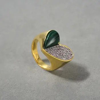Stilingas žalvariu dengtas 18k tikro aukso meilės malachito deimantinis žiedas madingas retro žiedas moterims
