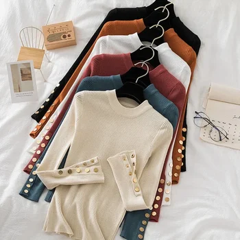 Storas megztinis ilgomis rankovėmis Moteriškas megztas viršutinis rudens žieminių drabužių mygtukas O Kaklo megztinis Moteriškas laisvalaikio biuras Lady Minkštas džemperis