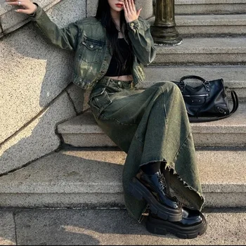 Street Design Sense Madingas džinsinis švarkas Moteriški drabužiai Pavasaris Ruduo Naujas korėjietis Aukštu liemeniu Pusiau kūno sijonas Retro Suite