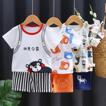 Summer Kids Boy medvilniniai marškinėliai + šortai 2 dalių rinkinys Baby Girl Cartoon Casual Sportinis kostiumas Vaikiškas pižama 0-6 metų drabužių kostiumas