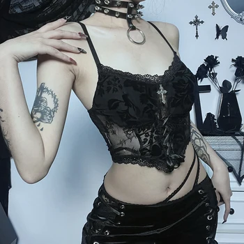 Summer Women's Dark Gothic Lace Suede Jacquard Sexy Babes Cross Camisole Top Halloween kostiumas