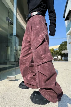 SYUHGFA Didelės kišeninės vyriškos kelnės Laisvalaikio plisuotas gradientas Spalva Patchwork Vyriškos plačios kojos Kelnės Nišos dizainas 2024 m. pavasario nauja tendencija
