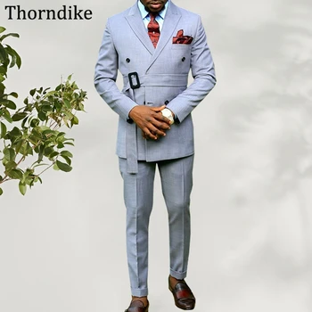 Thorndike Formalus verslo vyrų kostiumas su diržu, dvivietis smailus atlapas jaunikiai smokingai vestuvėms,laisvalaikio švarko kelnės