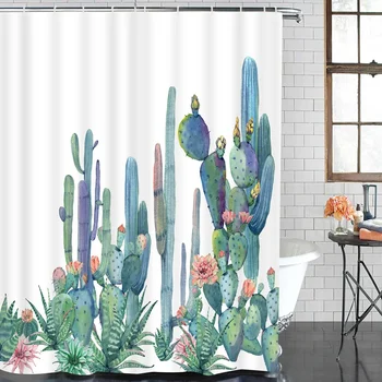 Tropinis kaktusas Dušo užuolaida Poliesterio audinio vonios užuolaida vonios kambario dekoravimui Kelių dydžių vonios užuolaida su kabliukais