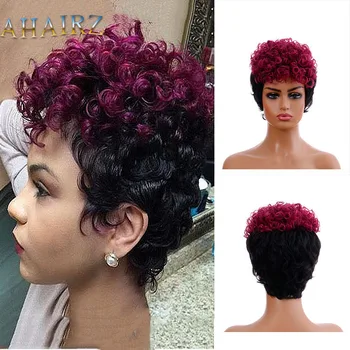 Trumpi garbanoti sintetiniai perukai Pixie Cut Brazilijos violetiniai mišrūs juodi perukai juodaodėms moterims Natūralūs Afro Kinky Garbanoti pūkuoti netikri plaukai