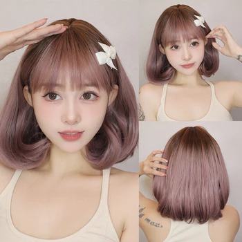 Trumpi tiesūs Bobo perukai su kirpčiukais šviesiai violetiniai Ombre Brown Cosplay sintetinis perukas Natūralūs plaukai atsparūs karščiui moterims mergaitėms