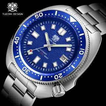 Tuedix dizaino automatiniai laikrodžiai Vyriškas safyro stiklo naro laikrodis NH35 judėjimas Nerūdijančio plieno vėžlio dėklas Laikrodis Žmogus Mėlynas Šviečiantis